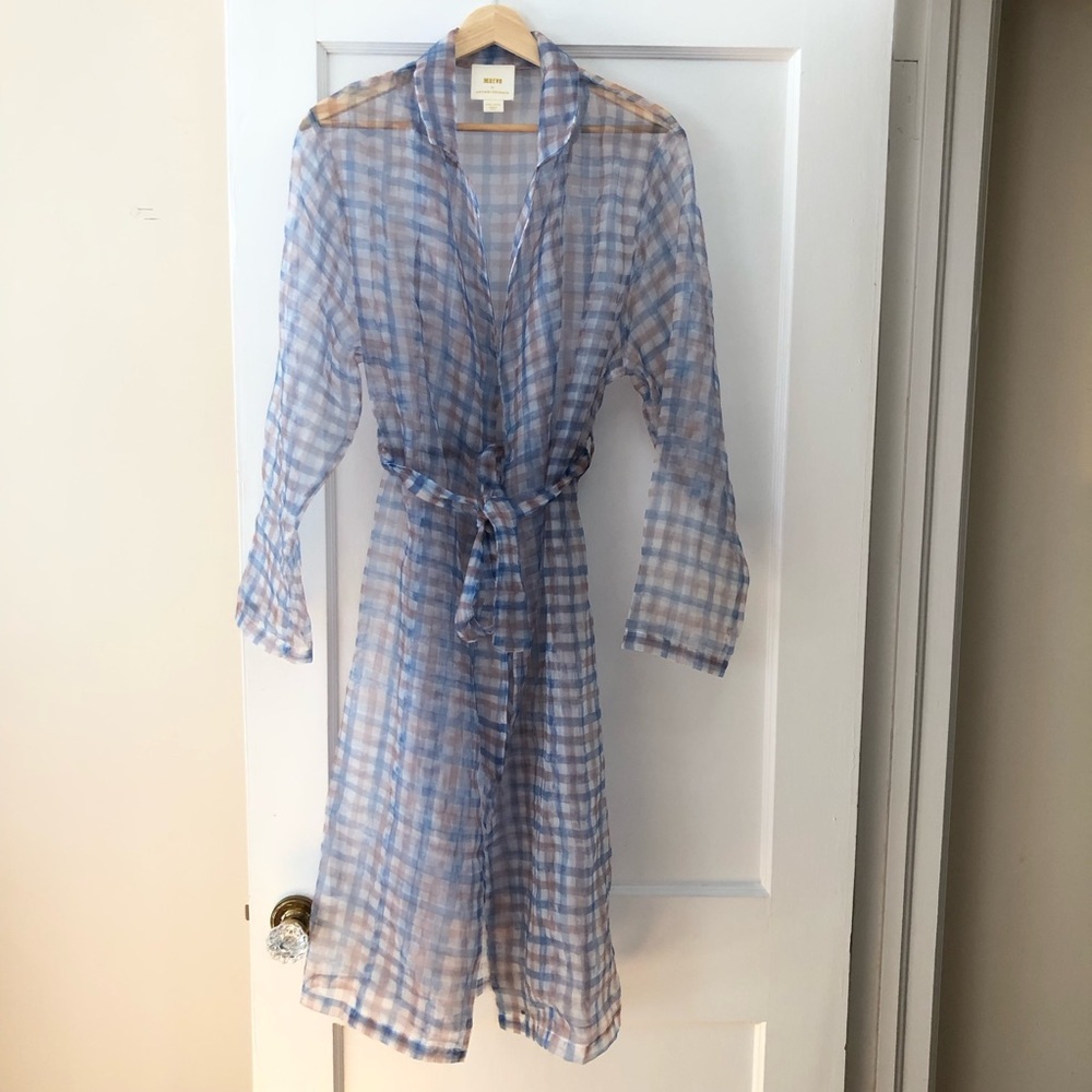 Anthropologie Blue and White Plaid Sheer Top